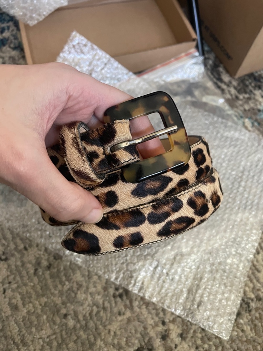 Real leather leopard print calf pony hair Avignon belt tortoise shell buckle